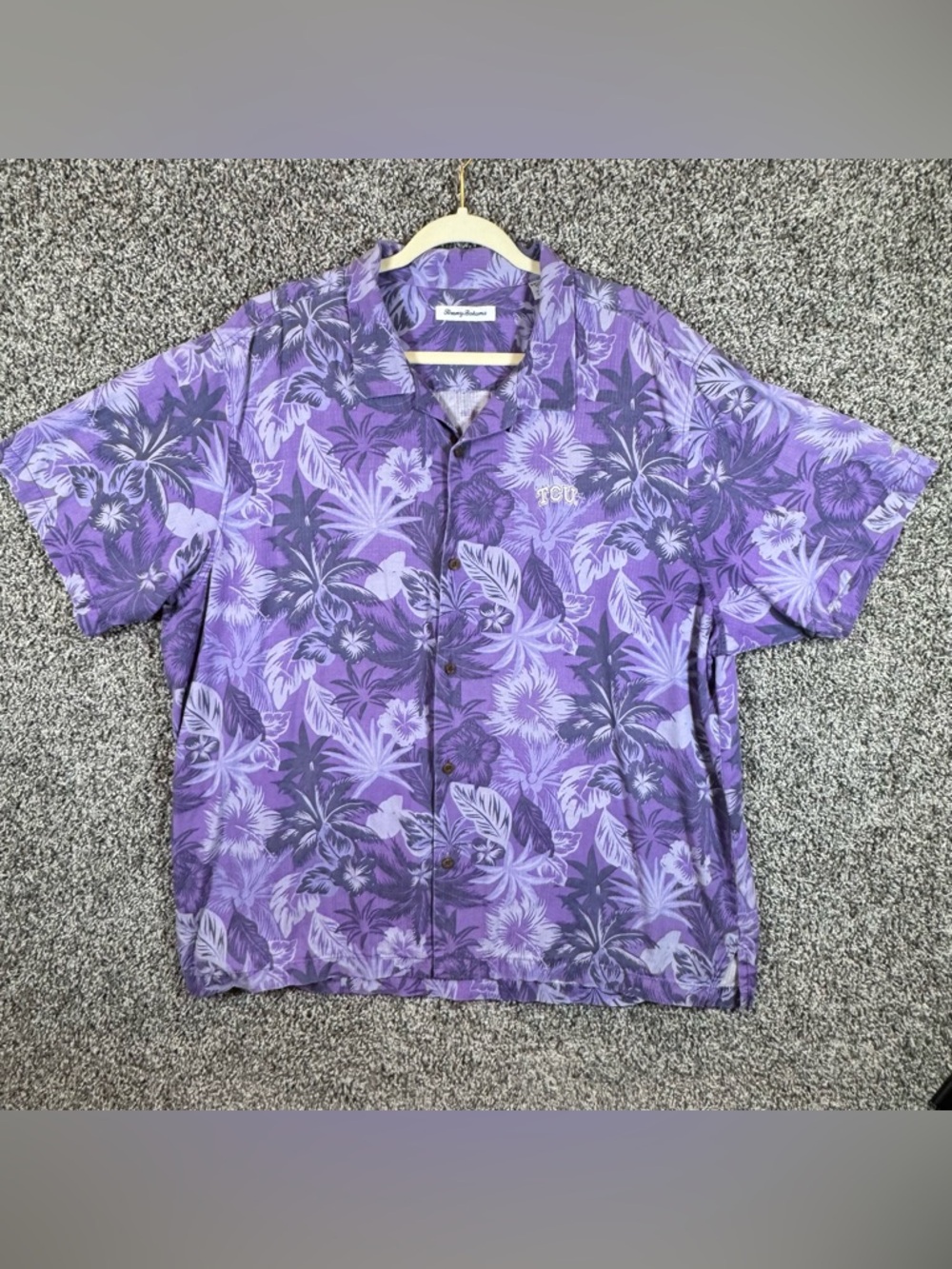 Tommy Bahama TCU Frogs 100% Silk Mens XXL Purple Hawaiian Button Up Shirt NCAA - Picture 2 of 8